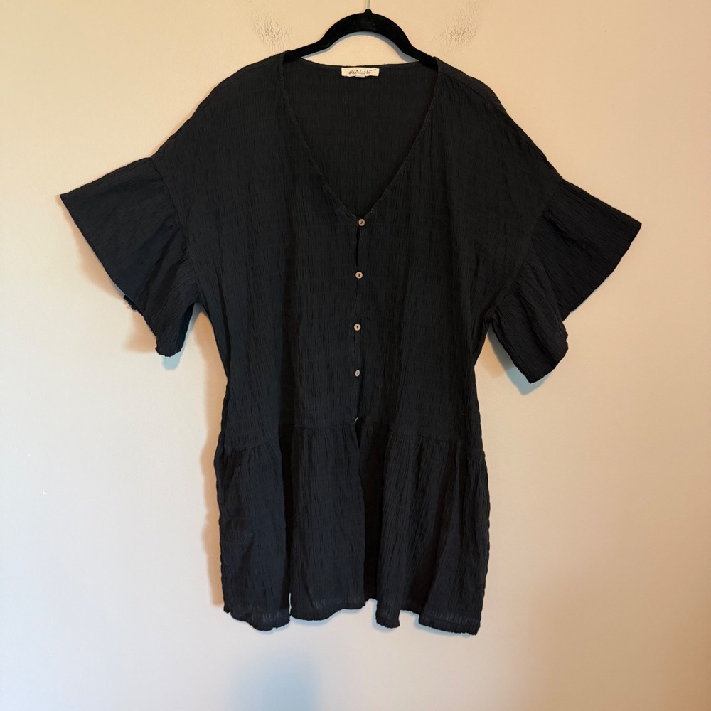 Oli & Hali Babydoll mini dress crinkle gauze black L button up boho minimalist